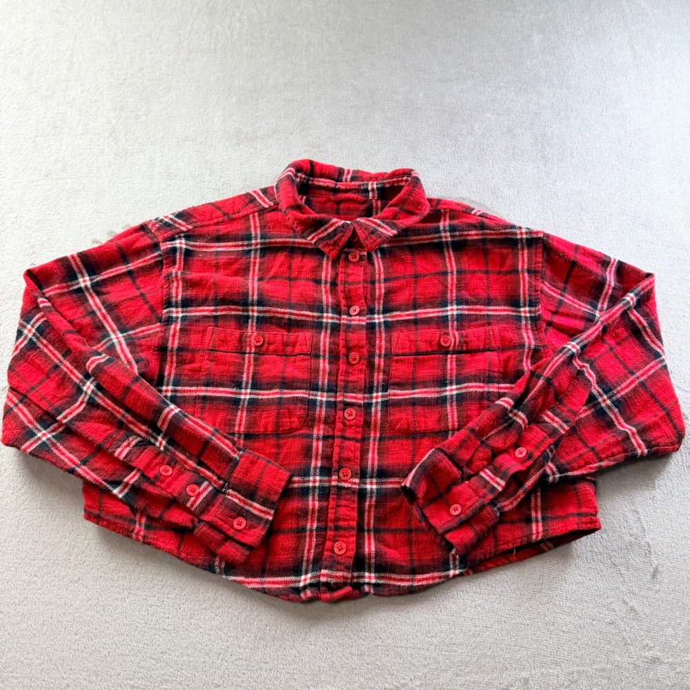 American Eagle Red Plaid Cropped Flannel Shirt Long Sleeve Button Women's Small